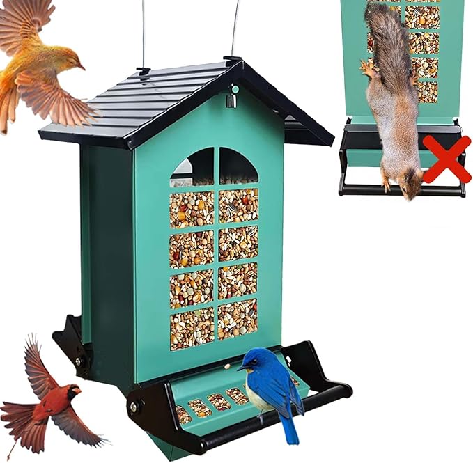 Bird Feeder Squirrel Proof, Hanging Metal Bird Feeders for Outdoors, 6LBS Large Capacity Weight-Activated Perches Wild Birdfeeder for Blue Jay, Cardinal, Garden