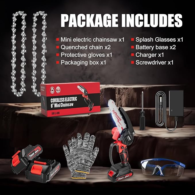 Mini Chainsaw Cordless 6 Inch, Handheld Electric Power Chain Saw with 2 Batteries, Portable Battery Powered Chainsaws for Tree Trimming Wood Cutting, Best Gifts for Dad, Husband,Women