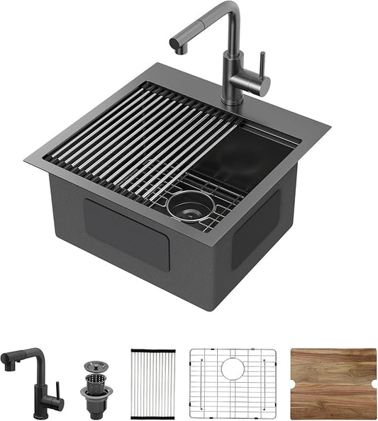 21 Inch Black Drop In Bar Sink Outdoor Kitchen Sink Workstation 16 Gauge Stainless Steel Single Bowl Small Sinks With Pull-out Faucet 21"x20"x9"