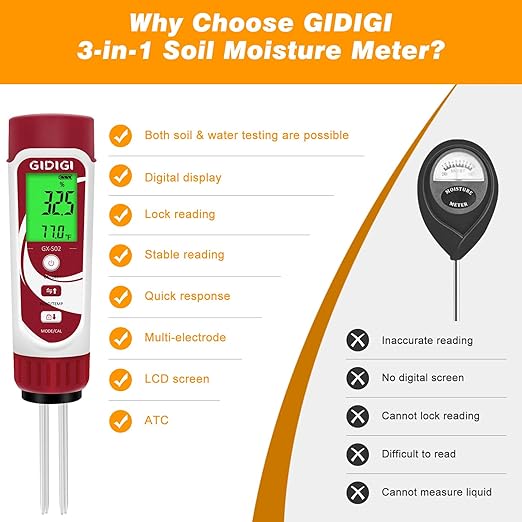 Moisture Meter for Plants, 3 in 1 Digital Soil Moisture Meter,Soil Moisture Meter and Soil EC Meter for Farms, Gardens, Orchards, Home Planting, Indoor Plants, Composting and Other Scenarios