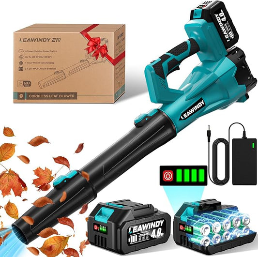 6 Speed Levels Electric Leaf Blower Cordless, 900000RPM Cordless Leaf Blower with 2 X 4.0Ah Batteries and Charger, Leaf Blowers 21V, Battery Lawn Blower for Patio Cleaning, Lawn Care, Blowing Leaves