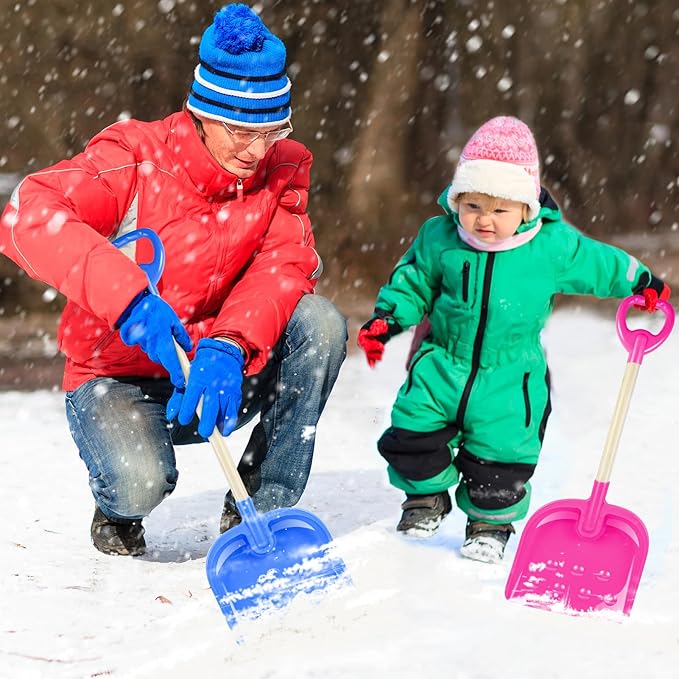 2PCS Kids Snow Shovel, 32" H Detachable Wooden Childs Snow Shovel with Plastic D-Grip Handle and Scoop Winter Children Shovel Blue Pink Toddler Shovel Outdoor Play Snow Gift for Boy Girl Snow Removal