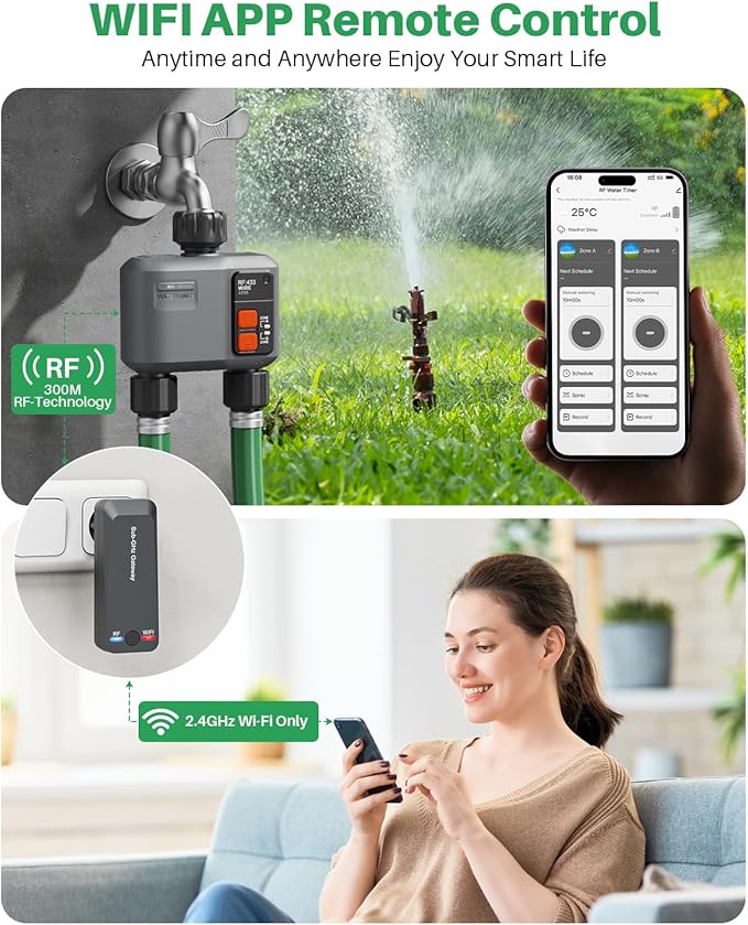 WiFi Sprinkler Timer 2 Zone with 984 Feet RF Gateway, 2 Pack Smart Water Timer for Garden Hose with Rain Delay/Manual/Automatic,WiFi Water Hose Timers for Garden & Lawns