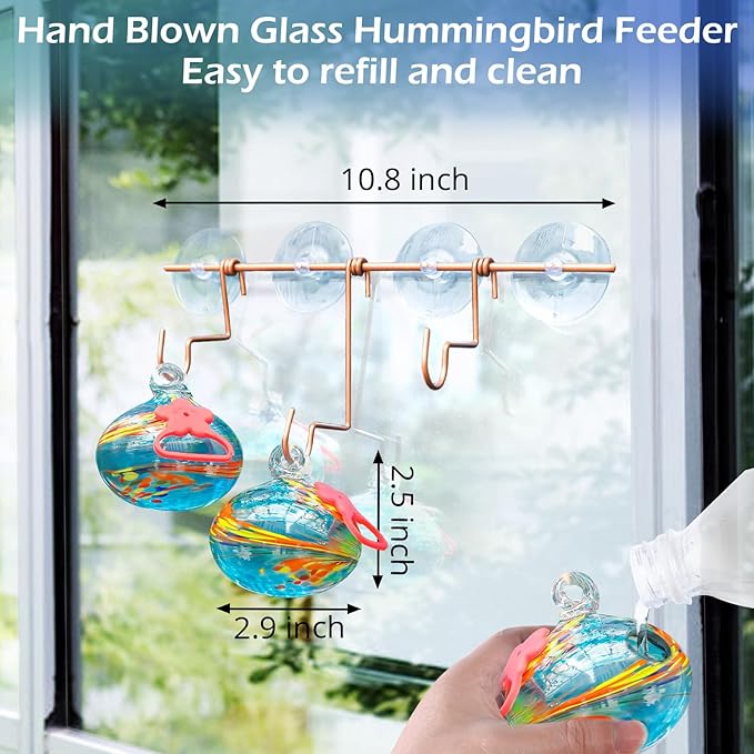 Window Hummingbird Feeder with Suction Cups,Hand-Blown Glass Hummingbird Feeders for Outdoors Window Mounted with Metal Hook,Close Bird Watching,Finch in Garden,Yard(Blue)