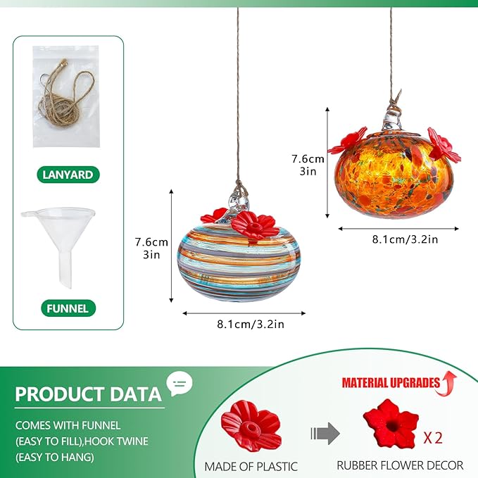 2pcs Small Blown Glass Hummingbird Feeders for Outdoors Hanging Glass Humming Bird Feeders for Window Patio Decor with 2 Flower Feeding Ports