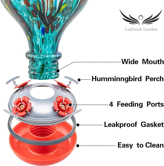 Hummingbird Feeders 32OZ Glass Hummingbird Feeder with Ant Moat, Yard Porch Decor (Teal Blue)