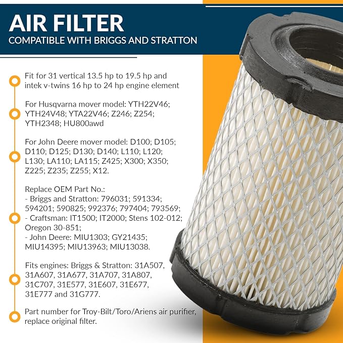 796031 Air Filter Tune Up Kit, Compatible with Briggs and Stratton 591334 492932 696854; John Deere D100 D110 D125 D130 D140; Husqvarna YTH22V46 YTH24V48 YTA22V46; Lawn Mower Oil Filter