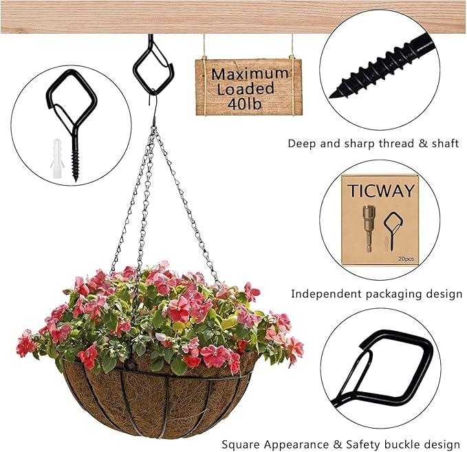 110 PCS Q-Hanger Hooks for String Lights, Ceiling Hangers for Plants & Wind Chimes, Christmas Decorations Outdoor Hooks (Square Hanger) Black