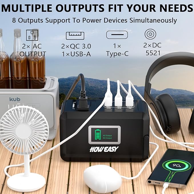 HOWEASY Portable Power Station, 24000mAh Camping Solar Generator, Portable Power Bank with 2 110V/ 150W Peak AC Outlet / 2 DC /3 USB QC3.0/LED Flashlight for Home Camping Emergency Backup