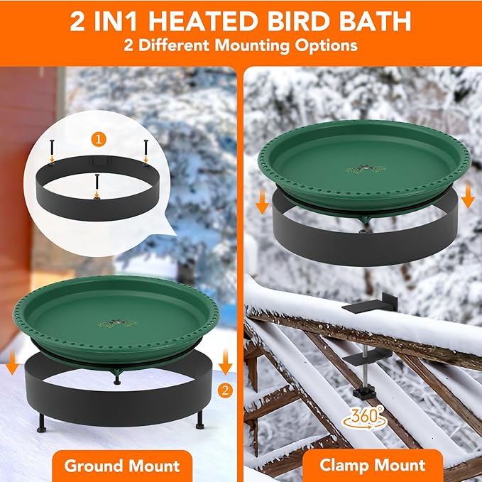 2 in 1 Heated Bird Bath for Outdoors for Winter,100W Bird Bath Heater with Thermostatically Controlled,Heated Bird Bath for Deck Railing for All Seasons Outdoor Garden Yard Patio Lawn(Green)