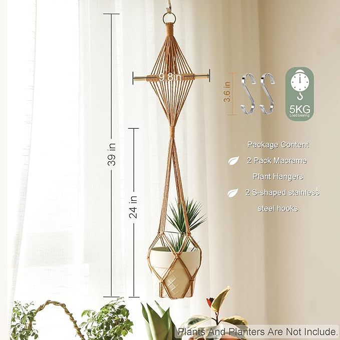 New Diamond Pattern Plant Hanger,2Pcs Handmade Macrame Plant Hangers Indoor with Wood Dowel,Large Crochet Boho Plant Hanger Holder for up to 10in Pot No Tassels (Caramel Wood Hanger)