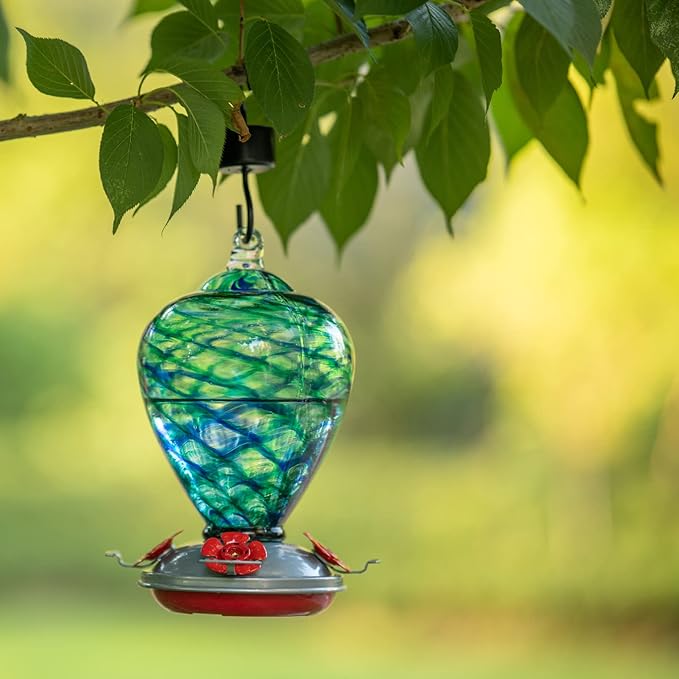 2 Packs Hummingbird Feeder for Outdoors Hanging Ant and Bee Proof, 34OZ 32OZ Hand Blown Glass Hummingbird Feeders for Outside (Yellow & Blue)