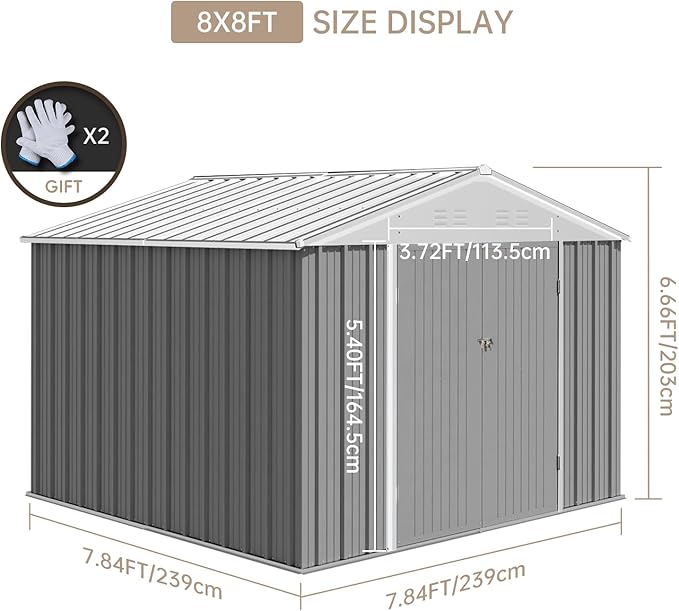 Garvee 7.5 x 8.5 FT Outdoor Storage Shed, Waterproof Utility Shed Storage with Lockable Door Design with Sloped Roof, Metal Shed Galvanised Steel Garden Shed for Backyard Garden Patio Lawn, Gray