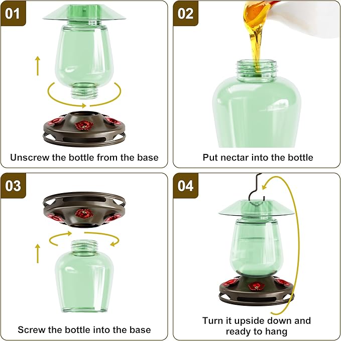 Auslar 16 Ounces Glass Hummingbird Feeders for Outdoors Hanging, Green Hummingbird Feeder with 5 Flower Feeding Ports & Built-in Ant Moat, Rustproof, Leakproof, Barn Lantern Shape