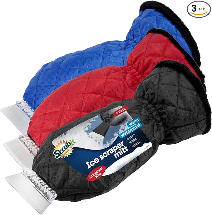 SCRUBIT [3 Pack Ice Scraper with Glove - Car Windshield Scraper for Ice and Snow w/Fleece Mitt - Scrape and Remove Snow While Staying Warm - Waterproof Car Scraper Snow Brush (Black, Blue, Red)