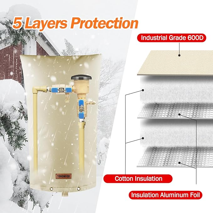 TOHONFOO Backflow Preventer Pipe Insulation Cover (5°F) - Irrigation Sprinkler Valve Insulated Pouch - Water Well Pump Cover - Sturdy 5 Layers for Winter Freeze Protection, 14" W x 26" H, Beige