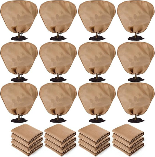 12 Pcs Winter Plant Covers Freeze Protection Reusable Plant Protector Bag with Drawstring Warm Shrubs Cover Frost Protection Planting Jacket Bags for Outdoor Garden, Brown (31.5 x 47.2 Inch)