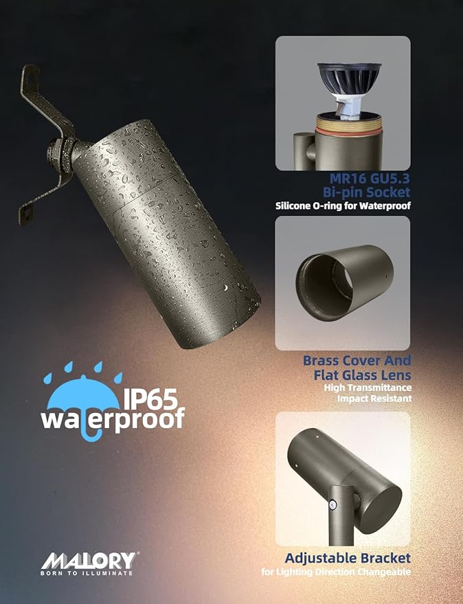 MALORY Low Voltage Landscape Spot Down Light, Brass Landscape Lighting Christmas Tree Down Light Led Downlights Outdoor Wall Mounted Light for Yard, Garden, Lawn,Patio with MR16 Bulb (MLR-D01-2)