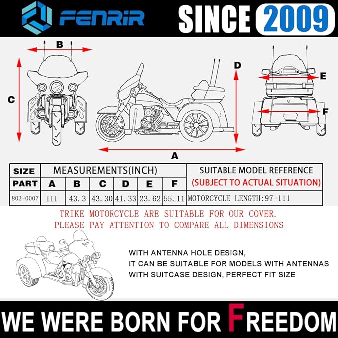 FENRIR 111" Trike Motorcycle Cover Waterproof Outdoor Storage Exhaust Pipe Anti-Scalding Antenna Hole Compatible with Harley Davidson Freewheeler TRI Glide Ultra Road Glide3 Trike Goldwing Roadmaster