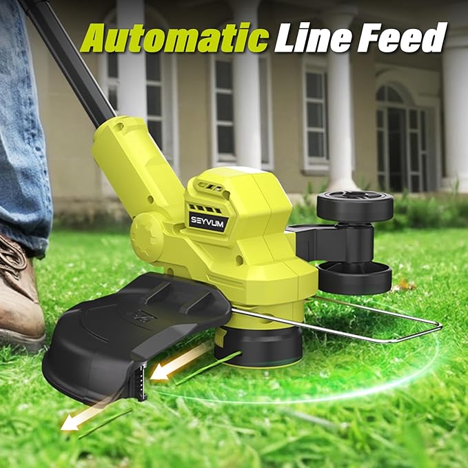 SEYVUM String Trimmer, 20V 12-inch Cordless Weed Wacker with Auto Line Feed, 2 X 2.0Ah Battery Powered Lawn Edger with 8 Pcs Grass Cutter Spool Line, Fast Charger Included, Lemon Green