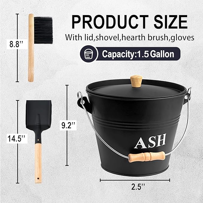 Ash Bucket with Lid Shovel and Hand Broom, 1.5 Gallon Fireplace Metal Bucket Reinforced Base & Ash Can, Fire Pit,Wood Burning Stove for Fireplace, Galvanized Iron Tool Set Accessories
