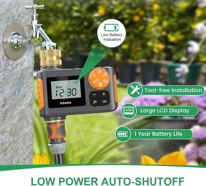 Digital Water Timer 1 Zone Brass Inlet & Outlet, Programmable Water Timer for Garden Hose, Automatic Control | Manual ON/Off | Rain Delay for Outdoor Faucet, Drip Irrigation and Lawn Watering System