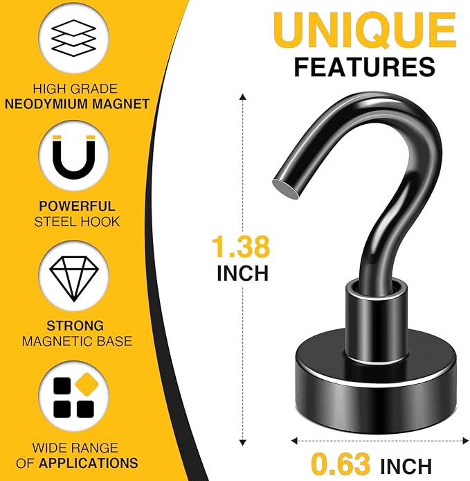 DIYMAG Magnetic Hooks for Hanging Cubicle Accessories, 30lbs 2025 Cruise Cabin Ship Essentials N52 Magnetic Hook Heavy Duty Strong Magnets Fridge for Classroom Beach Kitchen Grills 10 Pack Black