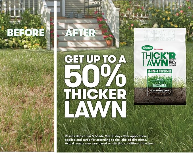 Scotts Turf Builder Thick'R Lawn Sun and Shade, Combination Seed, Fertilizer and Soil Improver, Thickens Thin Grass, 12 lbs., 2-Pack