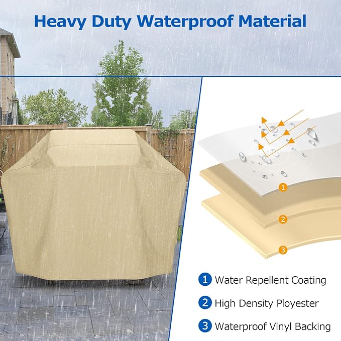 SunPatio Grill Cover 58 Inch, Heavy Duty Waterproof Barbecue Cover, Outdoor Charcoal Gas Grill Protector, All Weather Protection Compatible for Weber Char-Broil Nexgrill Kenmore and More, Beige