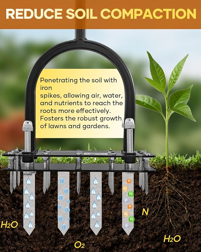 Saker Lawn Aerator Tool, Lawn Aerator with 15 Iron Spikes, Automatic Leaf and Dirt Cleaning with Spring-Loaded Design, Metal Manual Aerator for Loosening Soil Aerating Patio, Yard, Garden Black