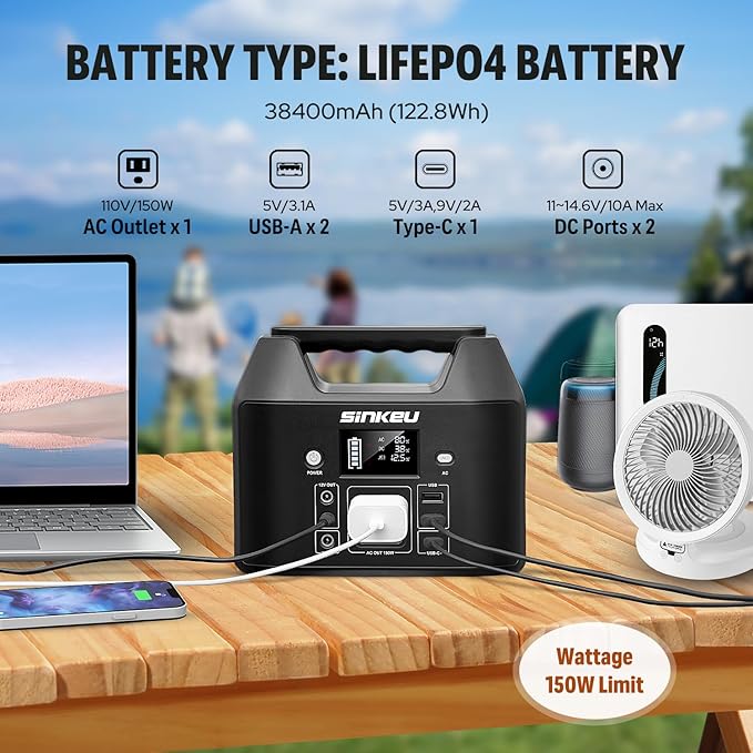 SinKeu Power Bank Station (38,400mAh), 128Wh Portable Power Station, LiFePO4 Battery, 200W Peak Solar Generator, for Outdoor Camping, Traveling, and Emergencies-Silver