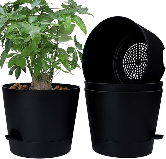 12 Inches Indoor Self Watering Planters with Drainage Holes and Saucers, 4 Pack (Black)