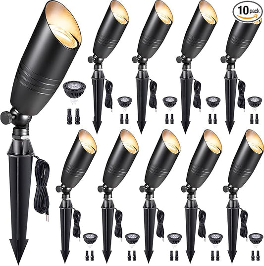 Low Voltage Spotlight LED - 12V Black Outdoor Light Fixture Weather Proof, Brass Landscape Lights Hardwired, Coastal for Flag Sign with Warm White MR16 Removable Bulbs (10 Pack)