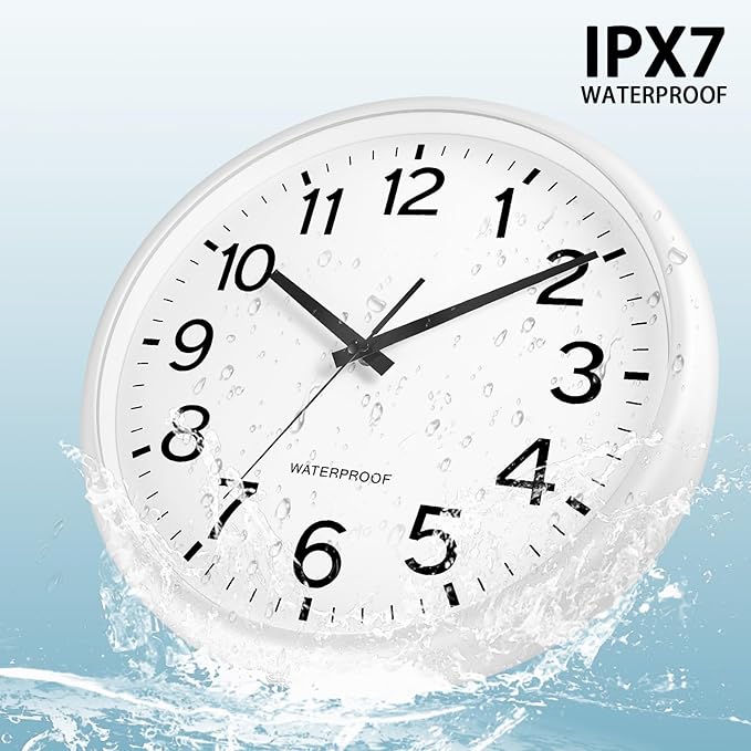 Caysie 16 Inch Sealed Large Outdoor Clock Waterproof, Silent Battery Operated Weatherproof Wall Clocks for Pool Patio Outside Home (White)