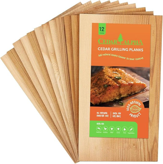 12 Pk, Premium Alaskan Western Red Cedar Planks for Grilling Salmon, 10''X 5.75'', Adds Smoky Cedar Flavor to Salmon, Chicken, Veggies and More.