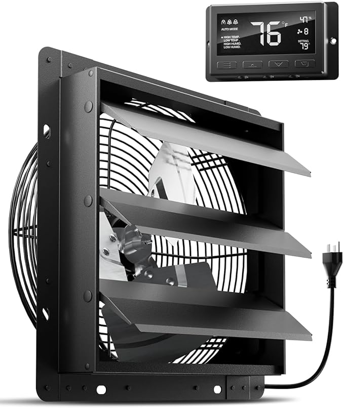 HG Power 12 Inch Attic Fan with Thermostat, 971 CFM Shutter Exhaust Fan with Smart Temperature Humidity Controller, Wall Mounted Greenhouse Fan with EC Motor for Garage, Shed Ventilation, Black