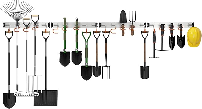 69'' Aluminum Alloy Garden Tool Organizer Wall Mount Garage Organizers and Storage with Hooks Tool Hangers for Shed Hooks for Shovel, Rake, Broom & More