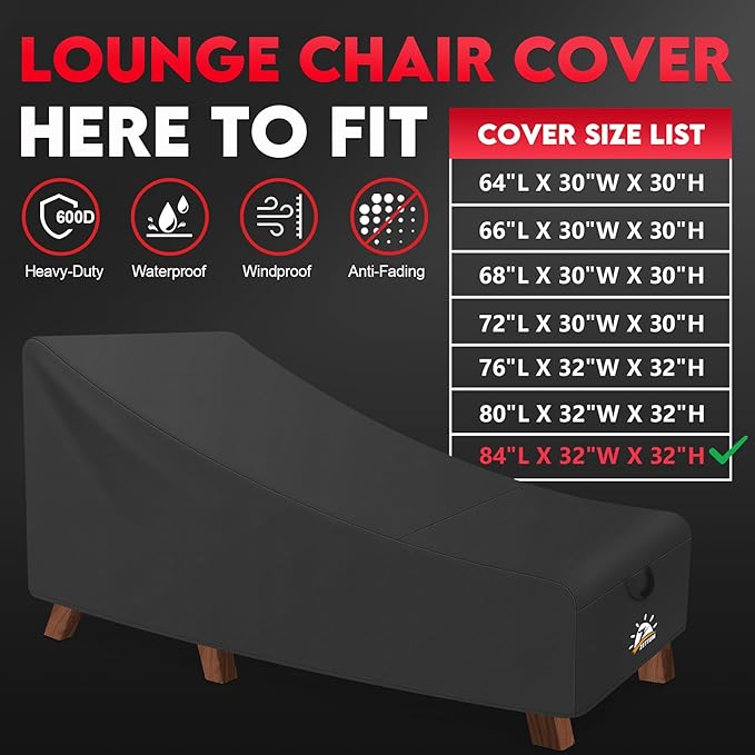 Outdoor Lounge Chair Cover 2 Pack - Waterproof Patio Chaise Lounge Chair Cover, 600D Fade-Resistant Outdoor Seating Covers For Pool Lounge Chair, Lawn Bench Furniture 84 x 32 x 32 Inch