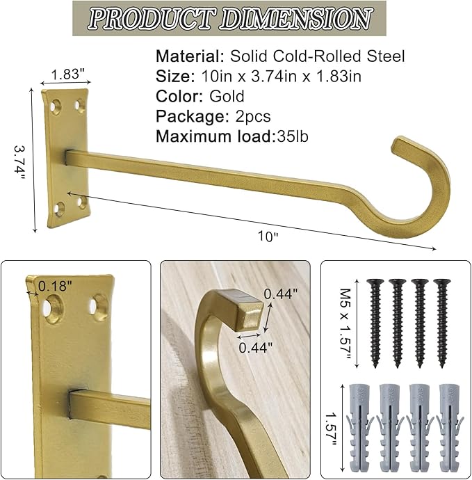 10inch Heavy Duty Plant Hangers Outdoor or Indoor Bird Feeder Hanger Shepherd Hooks 2pcs Gold Metal Wall Hook for Hanging Plant Bracket, Lantern, Flower Basket, Wind Chimes