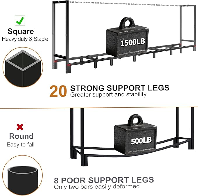 8FT Firewood Rack Outdoor, Firewood Log Rack Holder with Reinforced Chain Bumper for Fireplace Wood Storage, Heavy Duty Metal Pile Log Stand Stacker Holder for Indoor Outdoor Patio