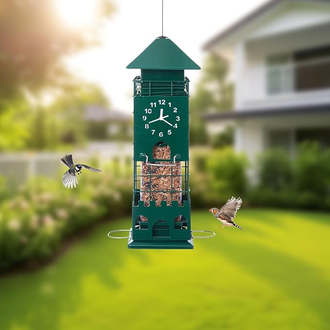 Squirrel Proof Bird Feeders Metal Mesh Anti Squirrel Wild Bird Feeder for Outdoors Hanging Weight Activated Waterproof for Finch Cardinal and Chickadee Easy to Fill, Decor Backyard (Green)