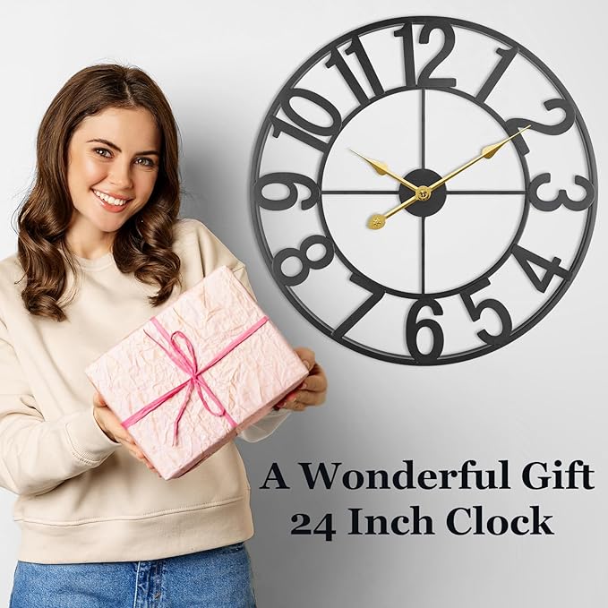 Large Outdoor Clock, 24 Inch Silent Non-Ticking Battery Operated Outdoor Wall Clock, Black Modern Metal Wall Clock for Patio, Porch, Pool Area, Kitchen, Bedroom, Living Room, Farmhouse Decor