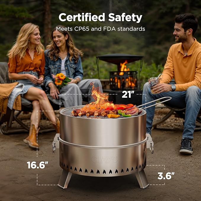 CIAYS Smokeless Firepit, 21 Inch Fire Pit for Outside with Patented Technology, Large Fire Pit for Patio with Steel Grill Rack, Fire Poker, and Bag, Easy Setup and Storage, Wood Burning