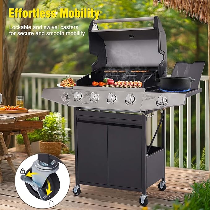 Unovivy 4-Burner Propane Gas Grill with Side Burner, Portable BBQ Grills with Oil Tray and Built-in Thermometer for Outdoor Barbecue, Camping, Patio, Backyard, 49,000 BTU