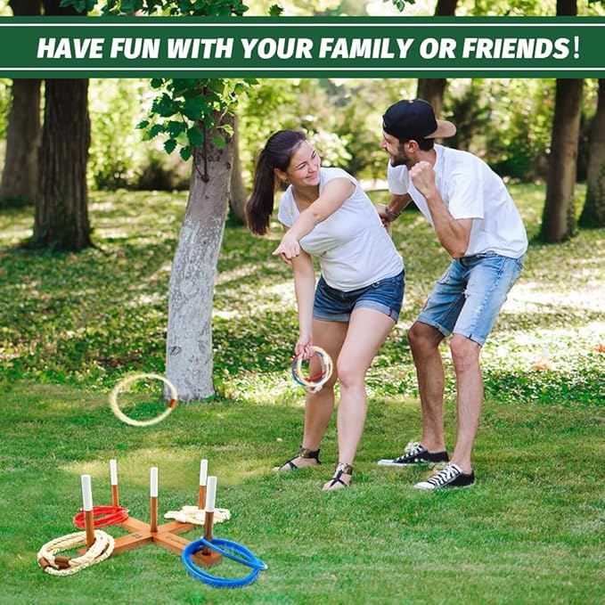 Wooden Ring Toss Game Set, Backyard Beach Camping Game with Toss Rings & Portable Carrying Bag, Outdoor Lawn & Yard Games for Kids, Adults & Family