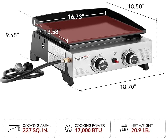 Royal Gourmet PD1204 2 Burner Tabletop Propane Gas Griddle, 17 Inch Portable Flat Top Grill with 17,000 BTUs Output for Outdoor Cooking While Camping or Tailgating, Black & Silver