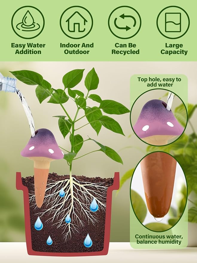 4Pcs Plant Watering Globes, Kalolary Self Watering Spikes Terracotta Drip Water Stakes Irrigation Watering Bulbs for Pot, Indoor, Outdoor, Vacation (Gradient Mushroom)