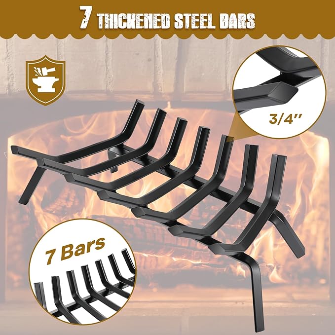 Fireplace Log Grate 24 Inch Cast Iron Fire Place Grates Heavy Duty Solid Steel 3/4” 7 bars Firewood Stove Indoor Chimney Hearth Outdoor Fire Pit Log Burning Rack