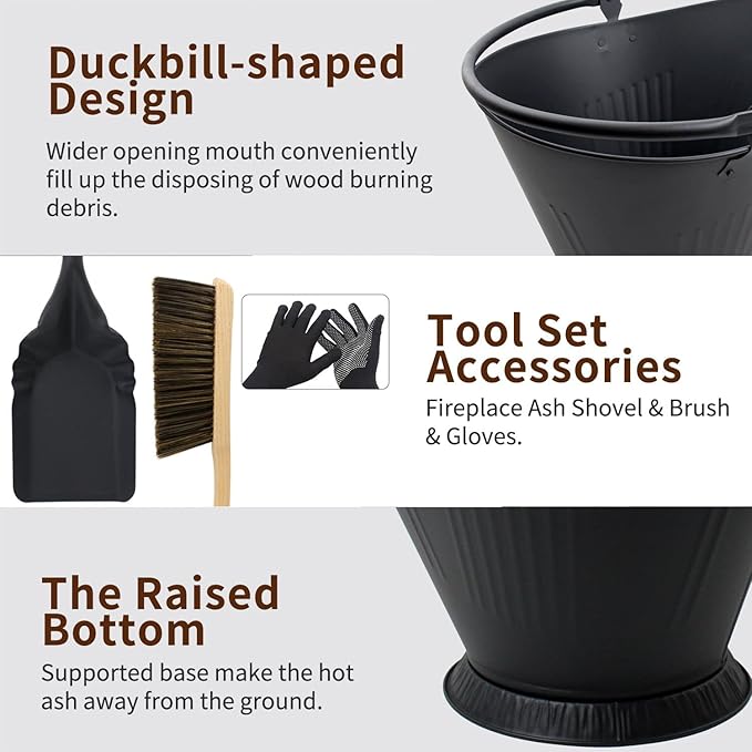 Poofzy Ash Bucket for Fireplace, 3.2 Gallon Metal Fireplace Ash Bucket for Wood Stove, Includes Shovel, Broom and Gloves Indoor & Outdoor