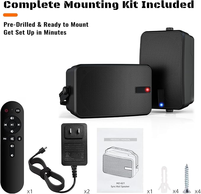 400W AC-Powered Outdoor Bluetooth Speakers | Wireless Sync 100+ Speakers | IPX5 Waterproof Wall Mount | for Party, Patio, Porch, Garage (Pair, Black)